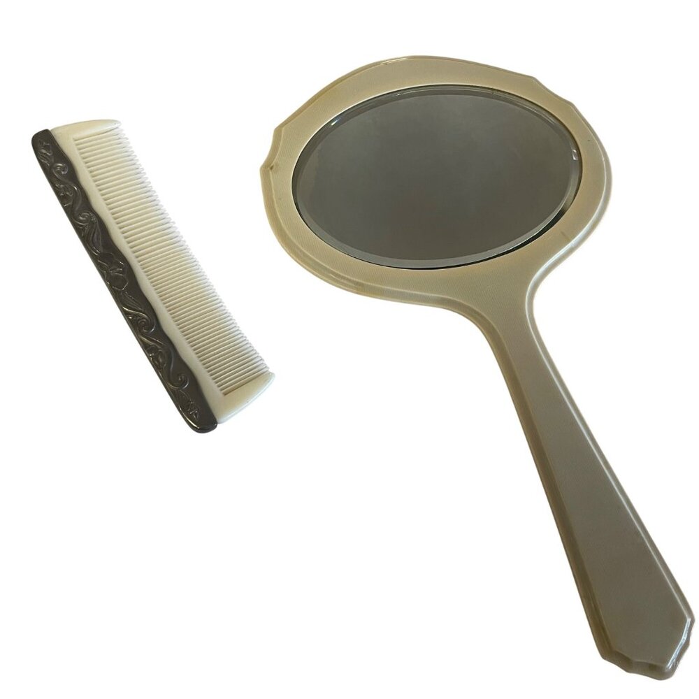 Vintage Ivory Hand Mirror Ornate Comb Set‎ With J Monogrammed Back